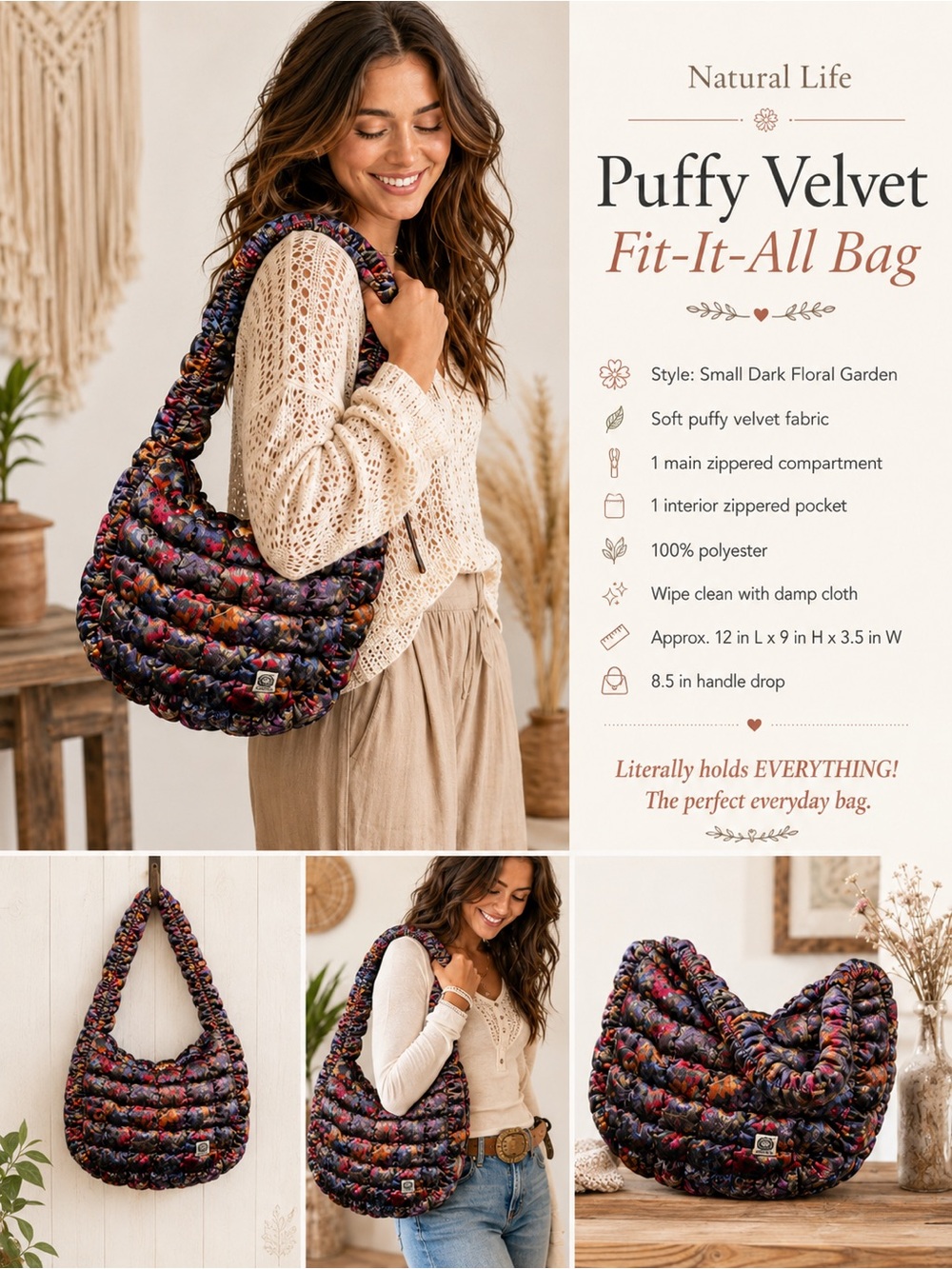 NWT Natural Life Puffy Velvet Shoulder Bag